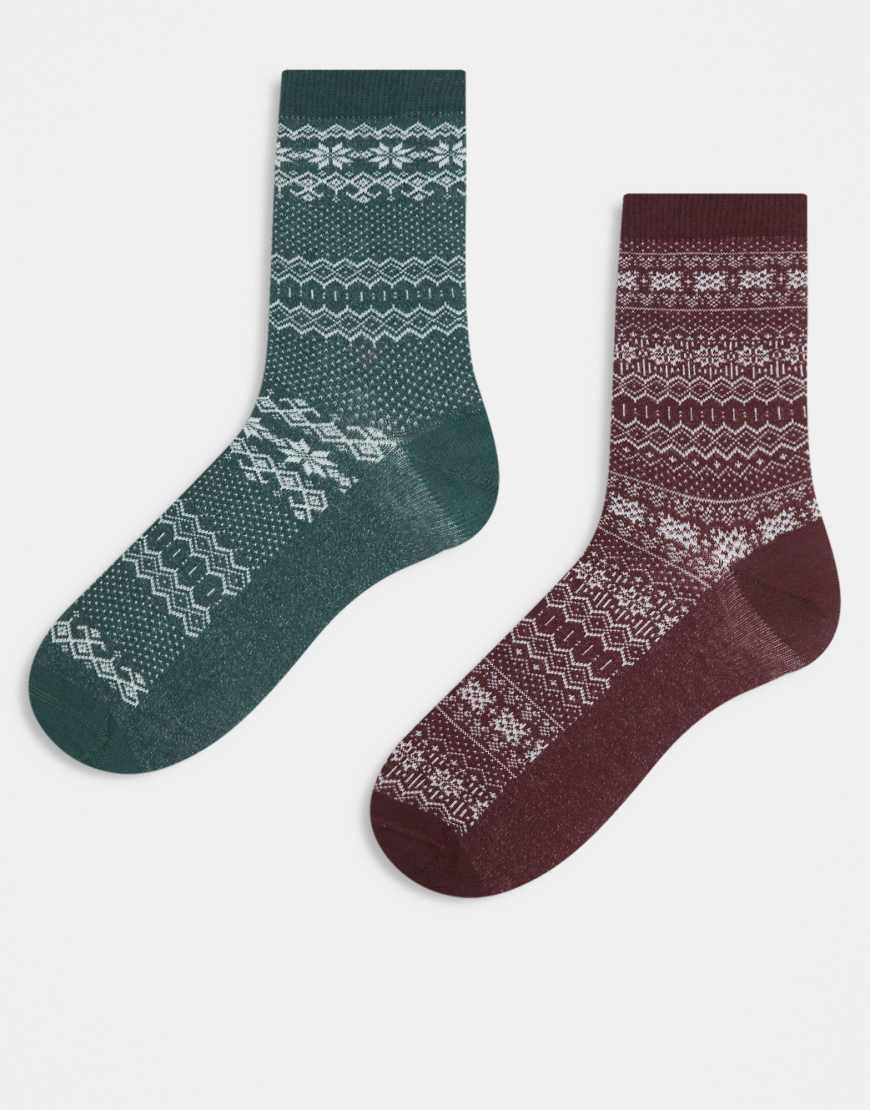 ASOS DESIGN - 2er-Pack Socken in Rot und Grün mit Norwegermuster-Weiß von ASOS DESIGN