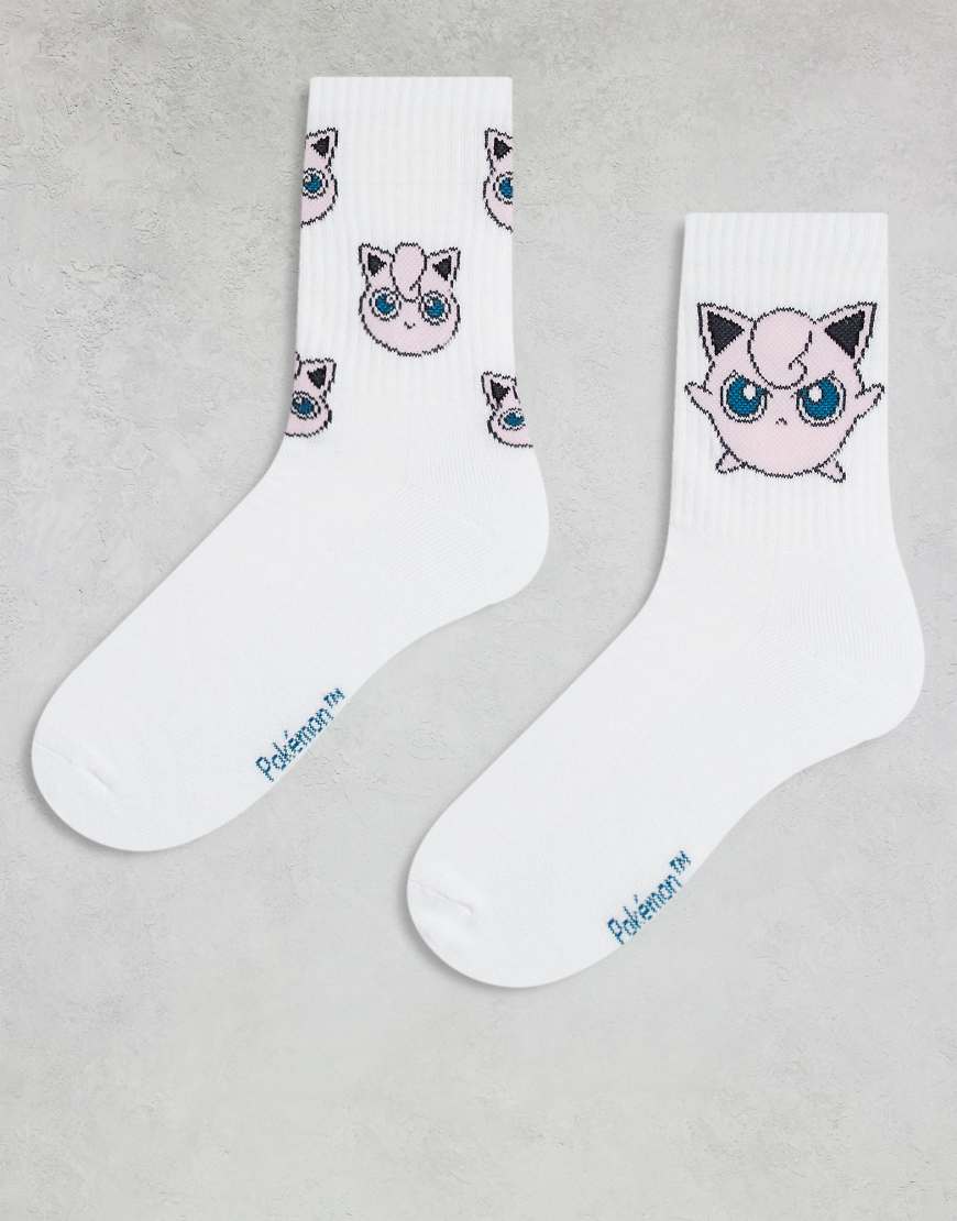 ASOS DESIGN - 2er-Pack Socken in Weiß mit „Pokémon Jigglypuff"-Stickerei von ASOS DESIGN