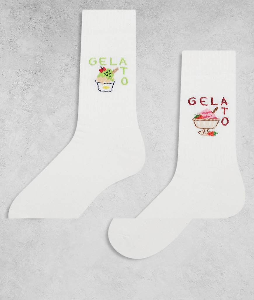 ASOS DESIGN - 2er-Pack Socken in Weiß mit Eiscreme-Motiv von ASOS DESIGN
