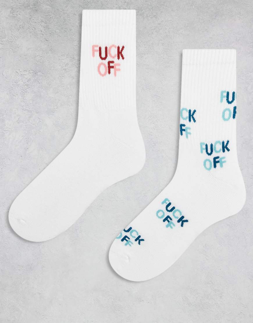 ASOS DESIGN - 2er-Pack Socken in Weiß mit Schimpfwörter-Grafikmotiven von ASOS DESIGN