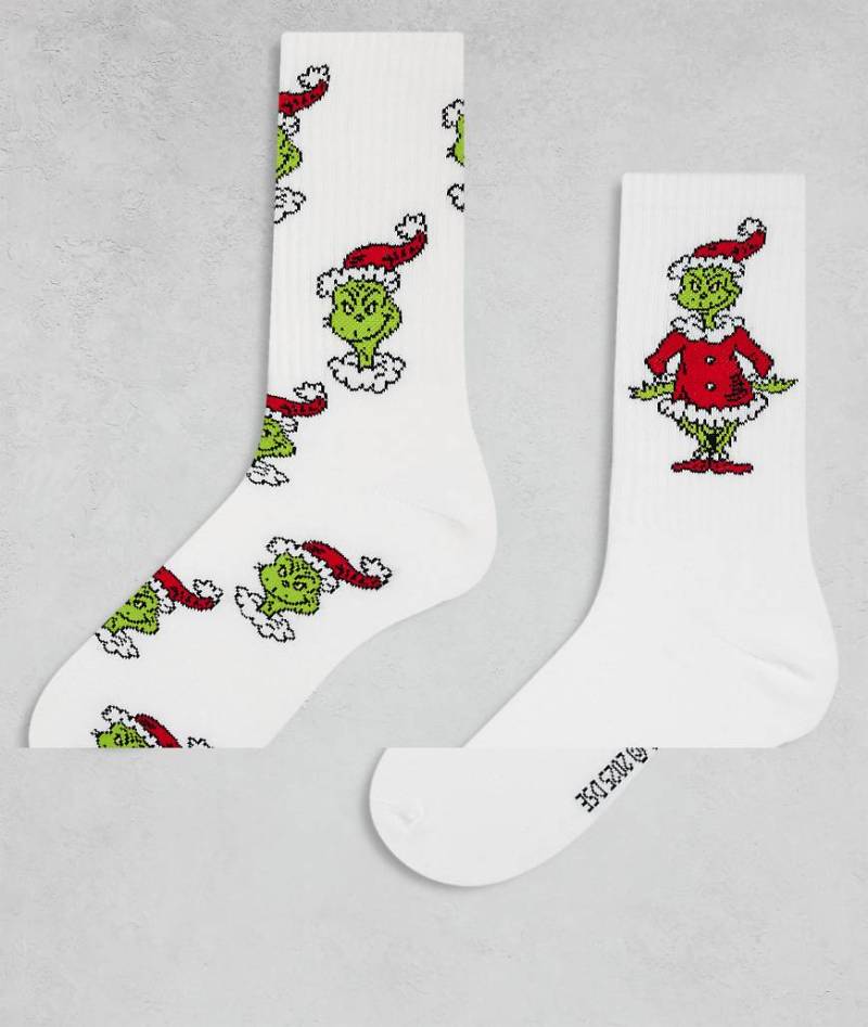 ASOS DESIGN - Christmas - 2er-Pack Socken in Weiß mit weihnachtlichen Grinch-Motiven von ASOS DESIGN