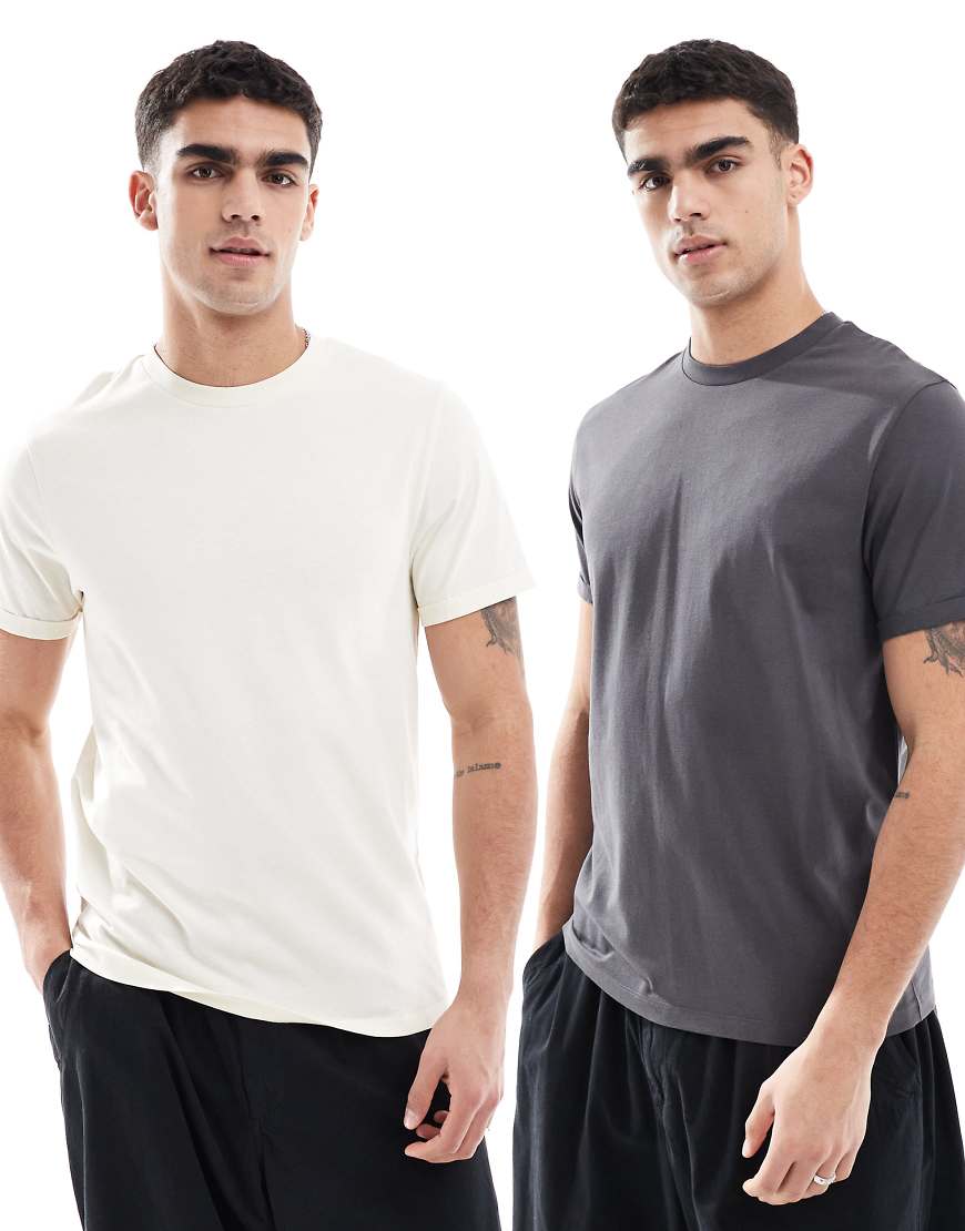 ASOS DESIGN - Essential - 2er-Pack T-Shirts in Anthrazit und Creme mit Rundhalsausschnitt und Rollärmeln-Bunt von ASOS DESIGN