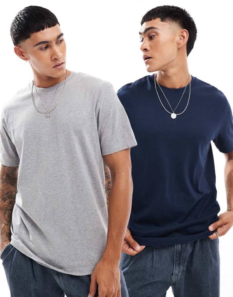 ASOS DESIGN - Essential - 2er-Pack T-Shirts in meliertem Grau und Marineblau mit Rundhalsausschnitt-Bunt von ASOS DESIGN