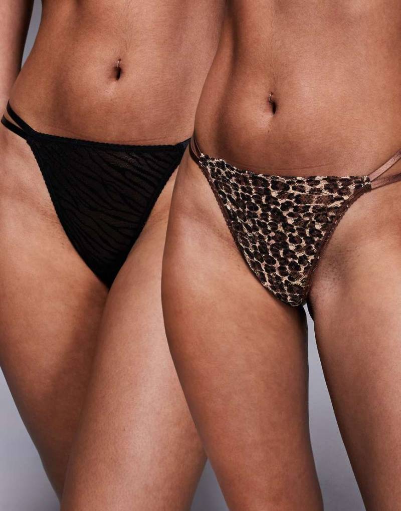 ASOS DESIGN - 2er-Pack Tangas aus Spitze in Braun mit Animalprint und Doppel-Riemchen-Bunt von ASOS DESIGN