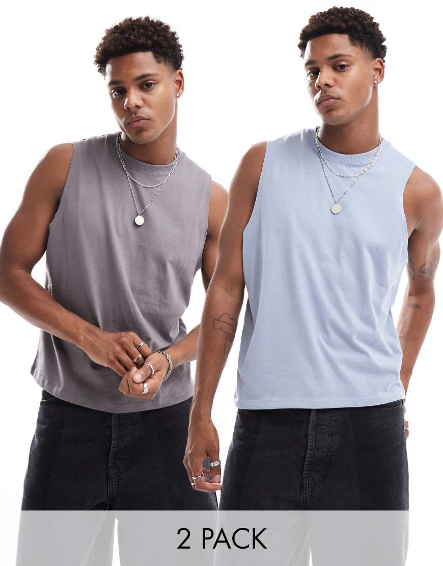 ASOS DESIGN - 2er-Pack Trägertops in Anthrazit und Grau mit lockerem, kurzem Schnitt-Bunt ASOS DESIGN - 2er-Pack Trägertops in Anthrazit und Grau mit lockerem, kurzem Schnitt-Bunt von ASOS DESIGN
