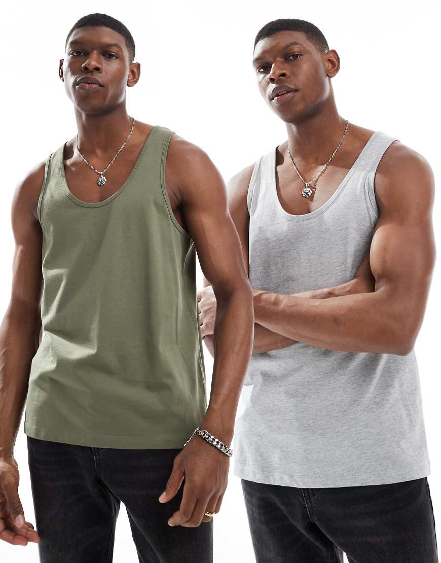 ASOS DESIGN - 2er-Pack Trägertops in Kalkgrau und Khaki-Bunt ASOS DESIGN - 2er-Pack Trägertops in Kalkgrau und Khaki-Bunt von ASOS DESIGN