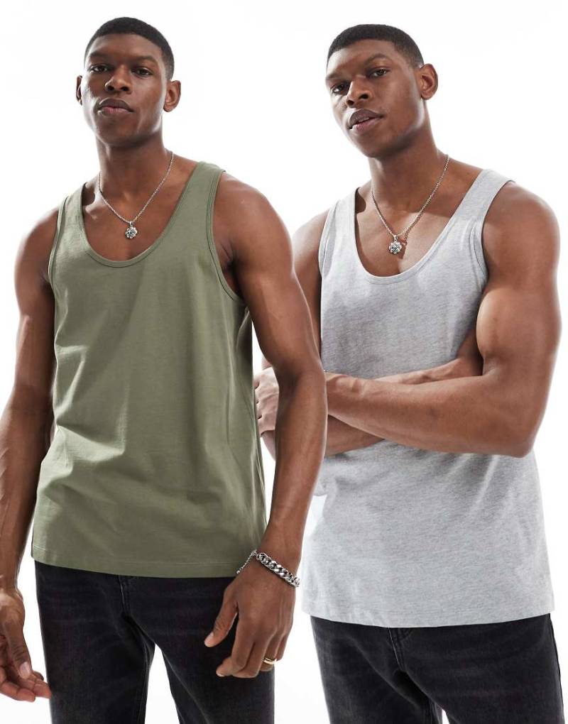 ASOS DESIGN - 2er-Pack Trägertops in Kalkgrau und Khaki-Bunt von ASOS DESIGN