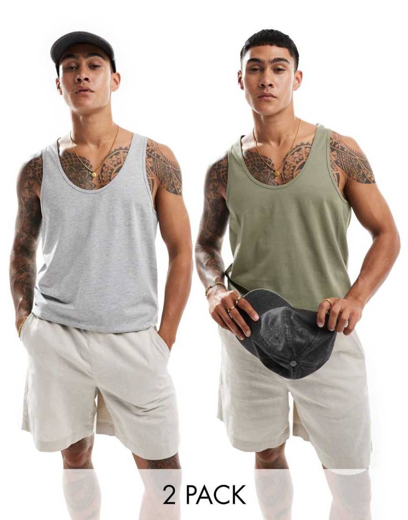 ASOS DESIGN - 2er-Pack Trägertops in Khaki und meliertem Grau-Bunt von ASOS DESIGN