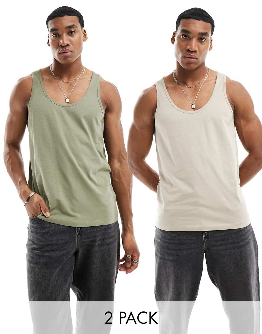 ASOS DESIGN - 2er-Pack Trägertops in Steinbeige und Khaki-Bunt ASOS DESIGN - 2er-Pack Trägertops in Steinbeige und Khaki-Bunt von ASOS DESIGN