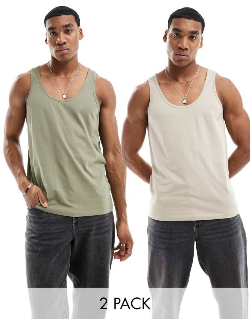 ASOS DESIGN - 2er-Pack Trägertops in Steinbeige und Khaki-Bunt von ASOS DESIGN