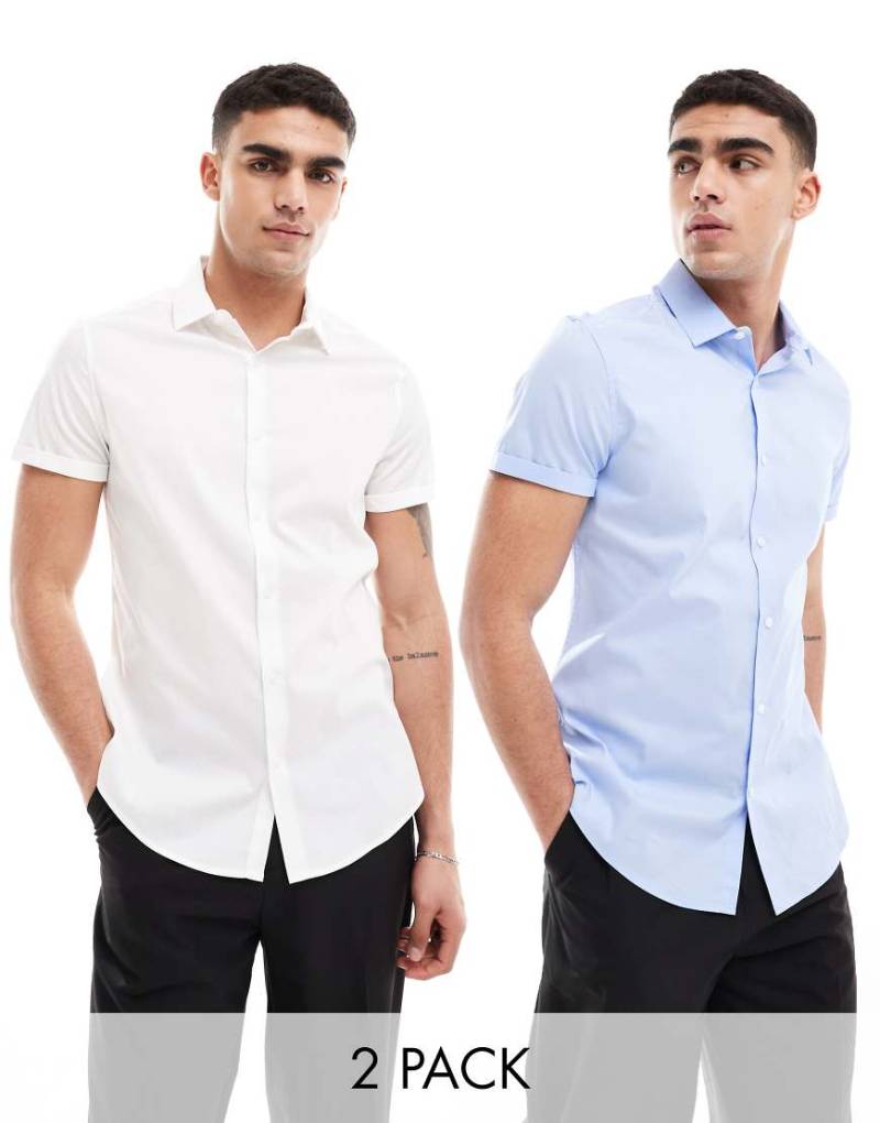 ASOS DESIGN - 2er-Pack elastische Business-Hemden in Weiß/Blau mit schmalem Schnitt-Bunt von ASOS DESIGN