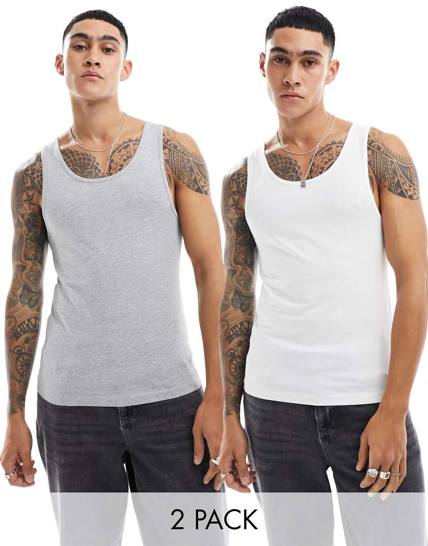 ASOS DESIGN - 2er-Pack Muskel-Trägertops in Weiß und Grau meliert-Bunt ASOS DESIGN - 2er-Pack Muskel-Trägertops in Weiß und Grau meliert-Bunt von ASOS DESIGN