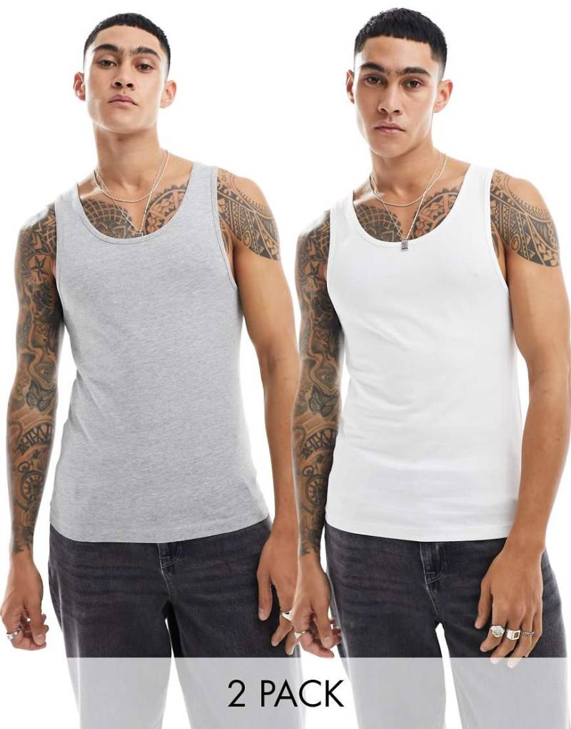 ASOS DESIGN - 2er-Pack Muskel-Trägertops in Weiß und Grau meliert-Bunt von ASOS DESIGN