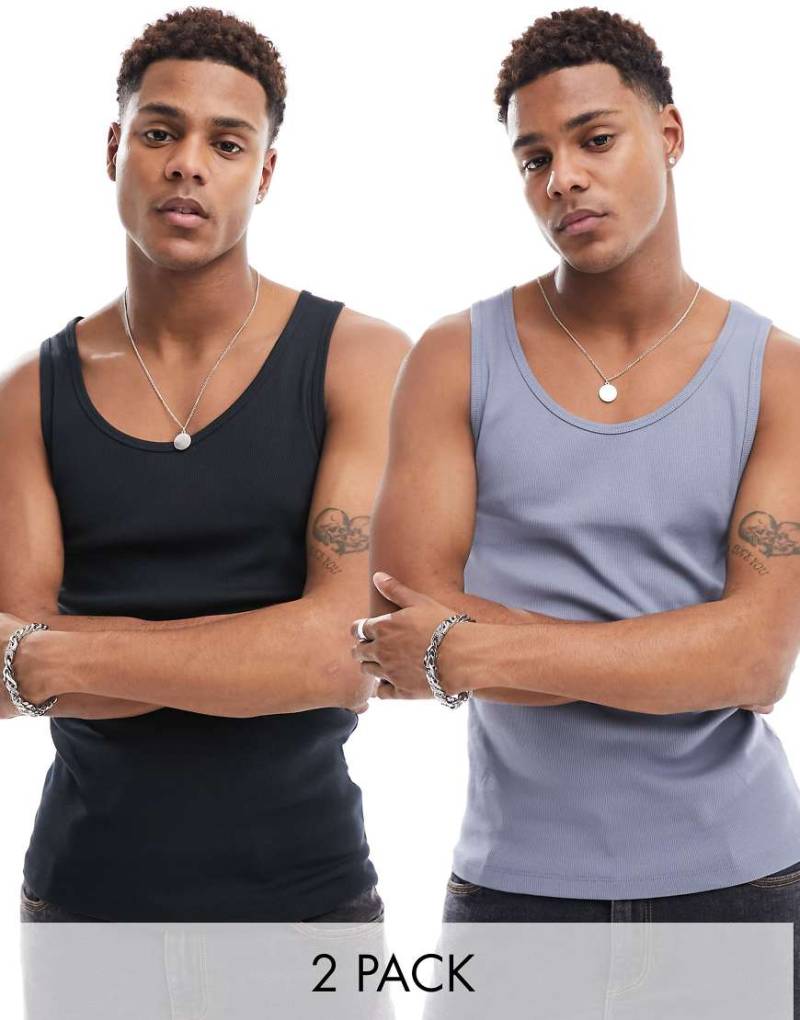 ASOS DESIGN - 2er-Pack gerippte Basic-Muskelshirts in Grau und Schwarz-Bunt von ASOS DESIGN
