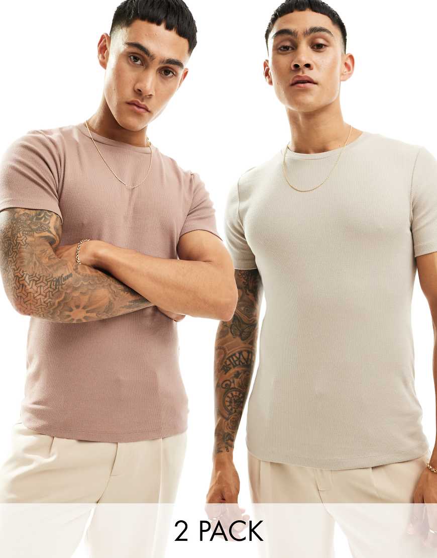 ASOS DESIGN - Essential - 2er-Pack gerippte Muskelshirts in Steinbeige und Braun-Bunt von ASOS DESIGN