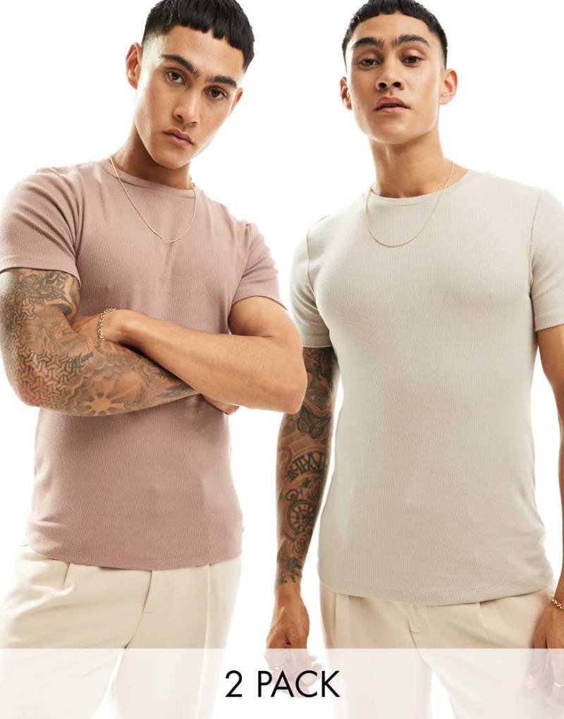 ASOS DESIGN - Essential - 2er-Pack gerippte Muskelshirts in Steinbeige und Braun-Bunt von ASOS DESIGN