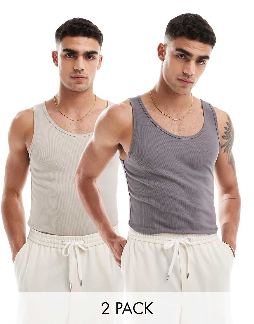 ASOS DESIGN - 2er-Pack gerippte Muskel-Trägertops in Anthrazit und Taupe-Bunt ASOS DESIGN - 2er-Pack gerippte Muskel-Trägertops in Anthrazit und Taupe-Bunt von ASOS DESIGN