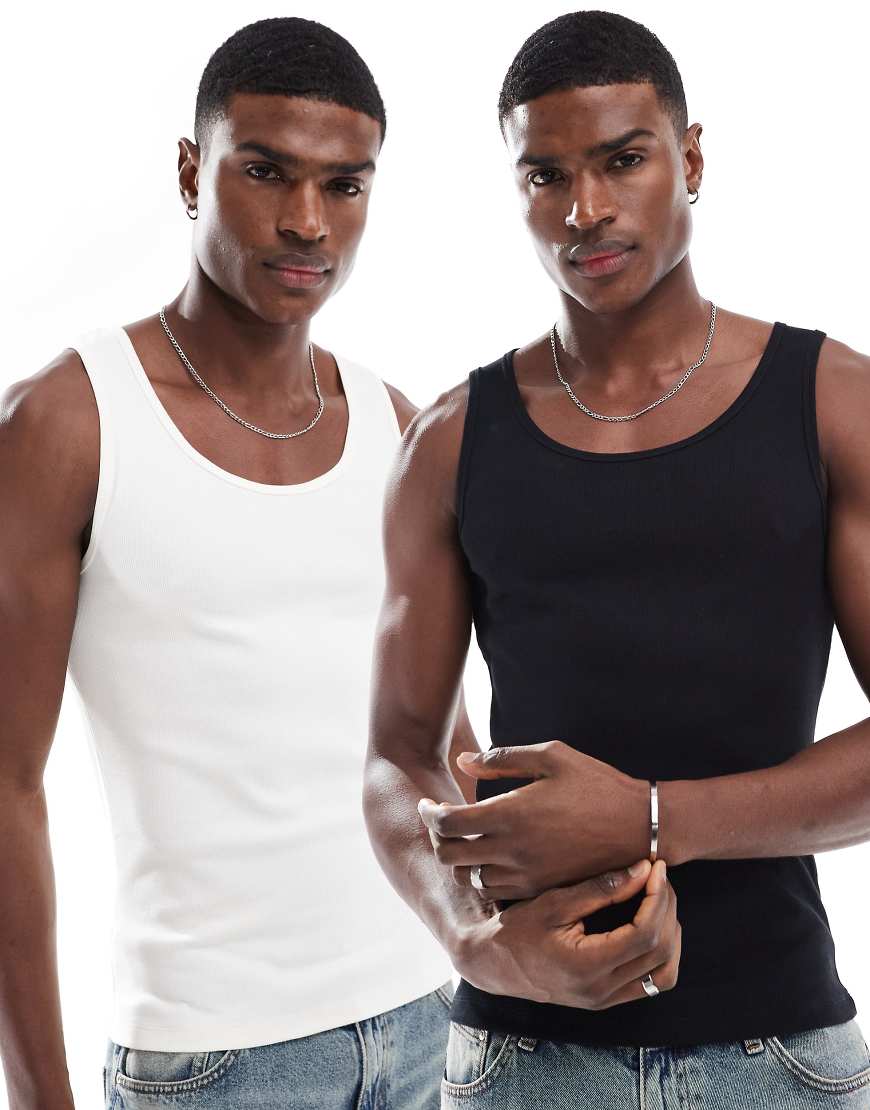 ASOS DESIGN - Essential - 2er-Pack gerippte Muskel-Trägertops in Schwarz und Creme-Bunt von ASOS DESIGN