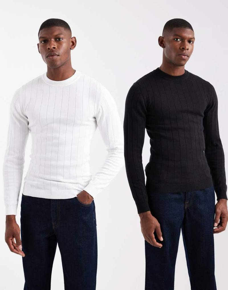 ASOS DESIGN - 2er-Pack gerippte Muskelshirts aus Strick in Schwarz und Wollweiß-Bunt von ASOS DESIGN