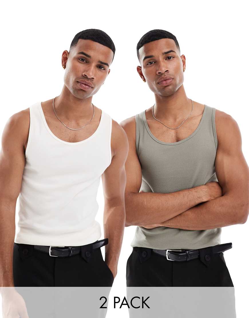 ASOS DESIGN - 2er-Pack gerippte Basic-Muskelshirts in Wollweiß und Khaki-Bunt von ASOS DESIGN