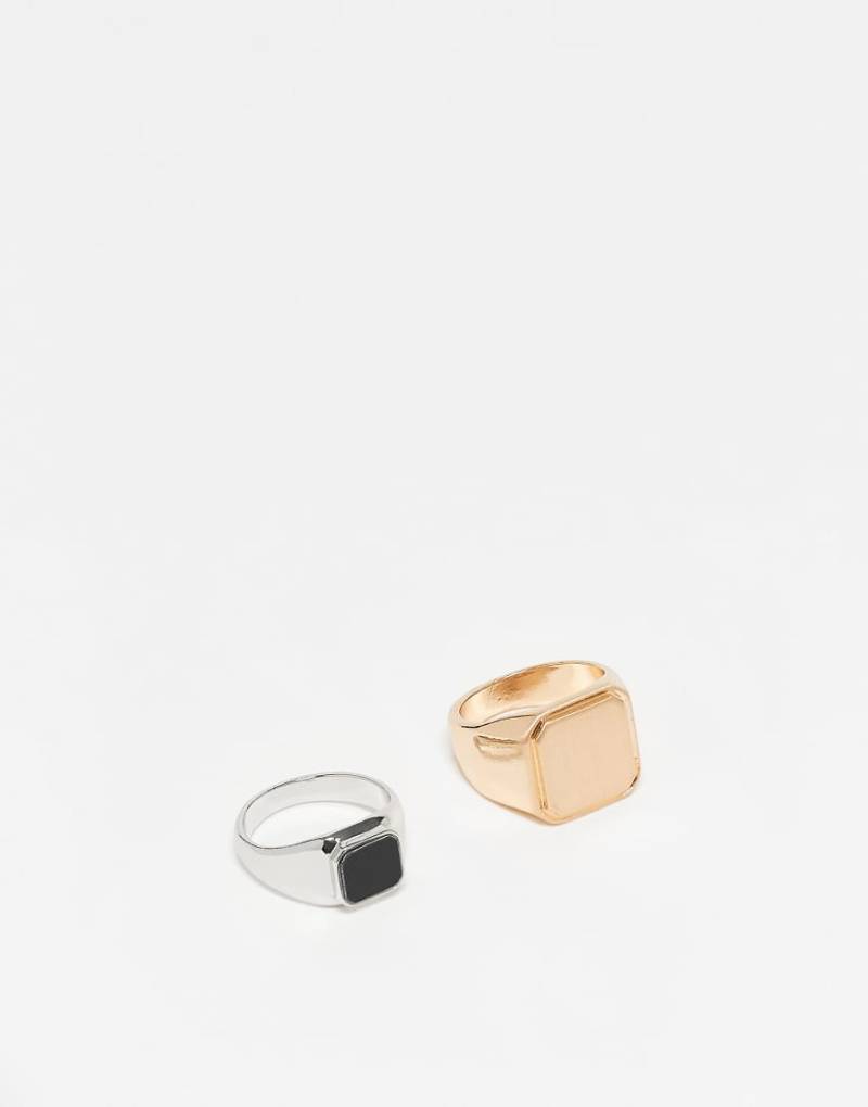 ASOS DESIGN - 2er-Pack gold- und silberfarbene Siegelringe mit schwarzem Stein von ASOS DESIGN