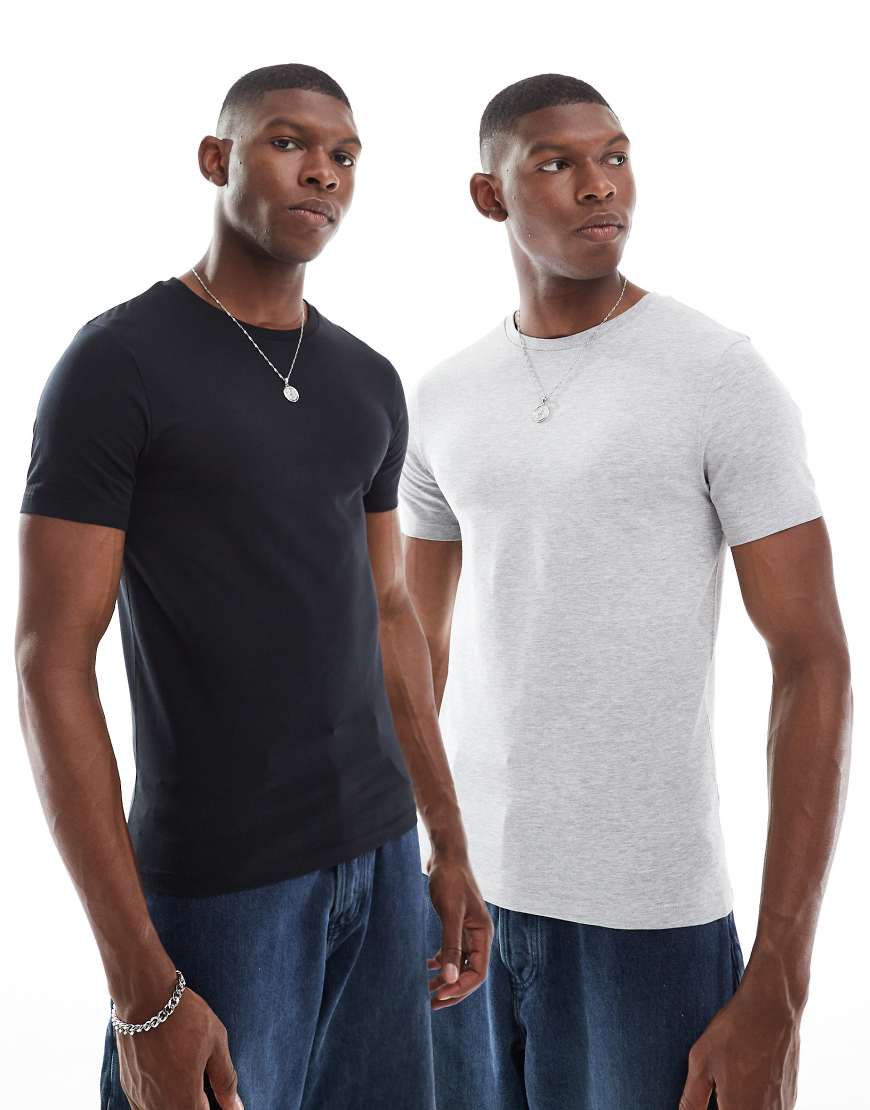 ASOS DESIGN - 2er-Pack körperbetonte Basic-T-Shirts in Weiß und meliertem Grau-Bunt von ASOS DESIGN
