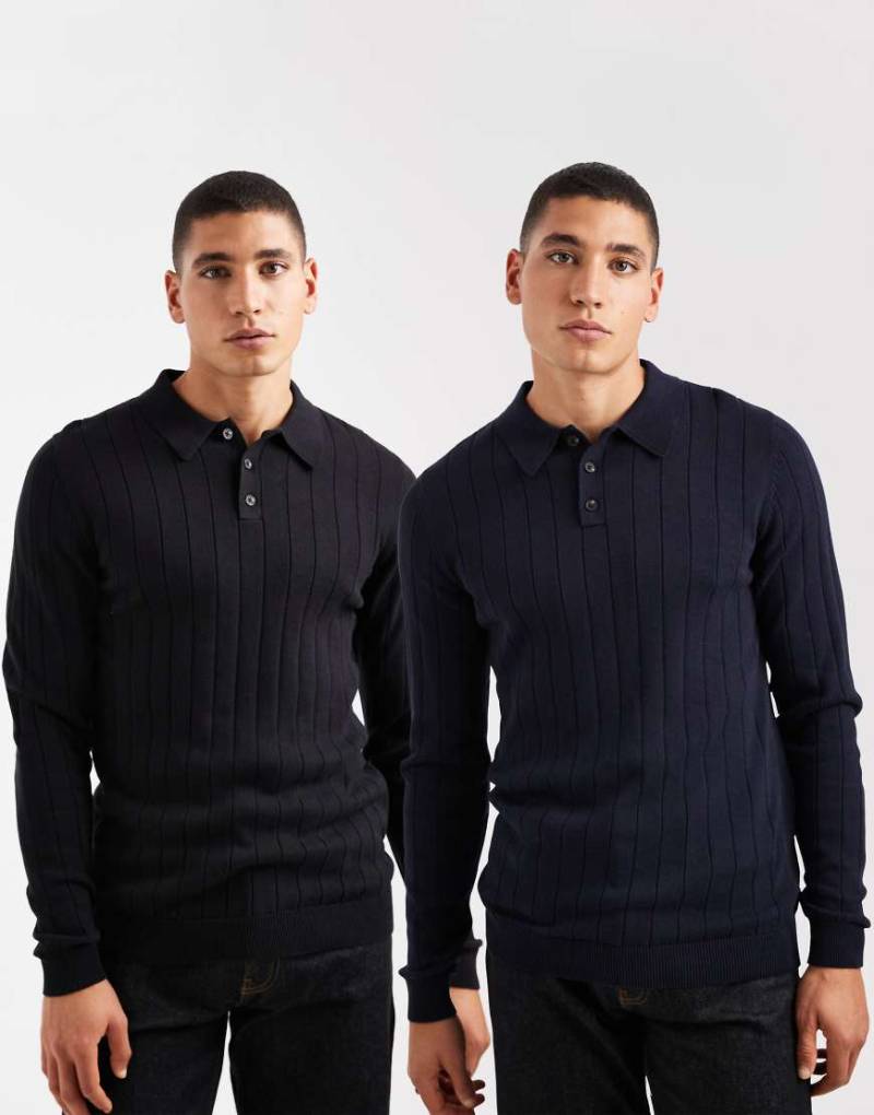 ASOS DESIGN - 2er-Pack körperbetonte Polohemden aus Rippstrick in Schwarz und Marineblau-Bunt von ASOS DESIGN