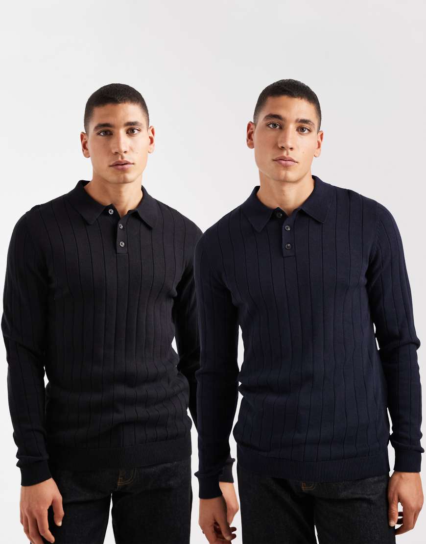 ASOS DESIGN - 2er-Pack körperbetonte Polohemden aus Rippstrick in Schwarz und Marineblau-Bunt von ASOS DESIGN