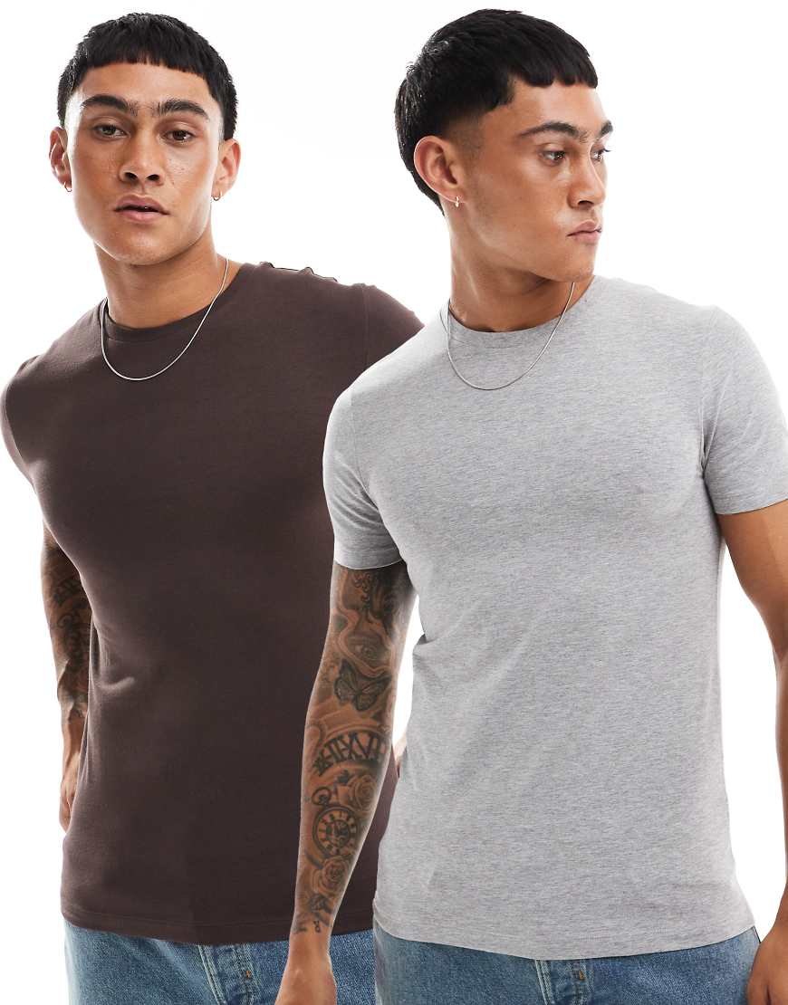 ASOS DESIGN - Essential - 2er-Pack Muskelshirts in Grau meliert und Braun-Bunt ASOS DESIGN - Essential - 2er-Pack Muskelshirts in Grau meliert und Braun-Bunt von ASOS DESIGN