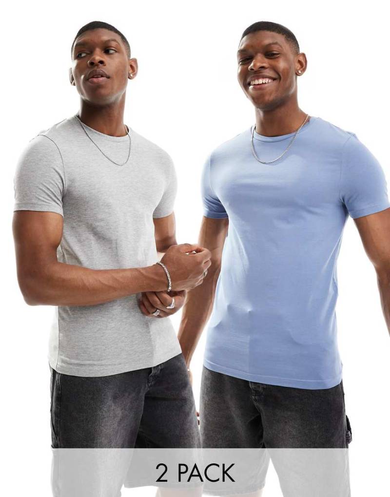 ASOS DESIGN - 2er-Pack körperbetonte T-Shirts in Mittelblau und meliertem Grau-Bunt von ASOS DESIGN