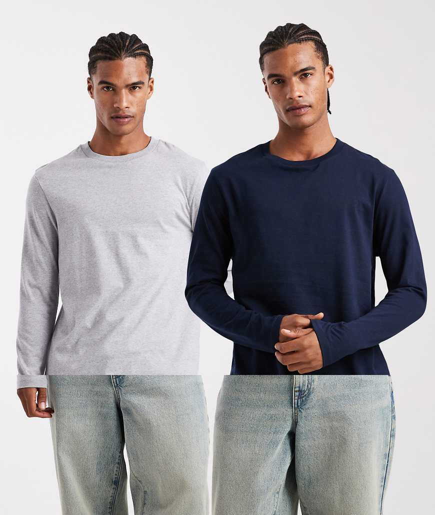 ASOS DESIGN - 2er-Pack langärmlige Basic-T-Shirts in Marineblau und Grau meliert-Bunt von ASOS DESIGN