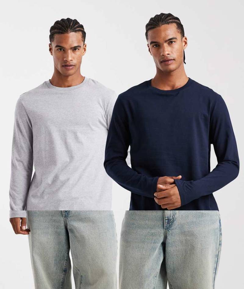ASOS DESIGN - 2er-Pack langärmlige Basic-T-Shirts in Marineblau und Grau meliert-Bunt von ASOS DESIGN