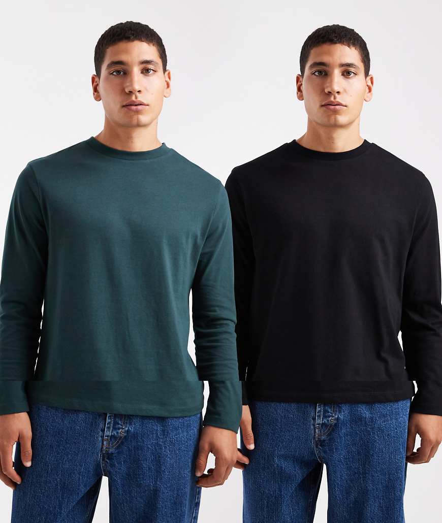 ASOS DESIGN - 2er-Pack langärmlige Basic-T-Shirts in Schwarz und Dunkelgrün-Bunt von ASOS DESIGN