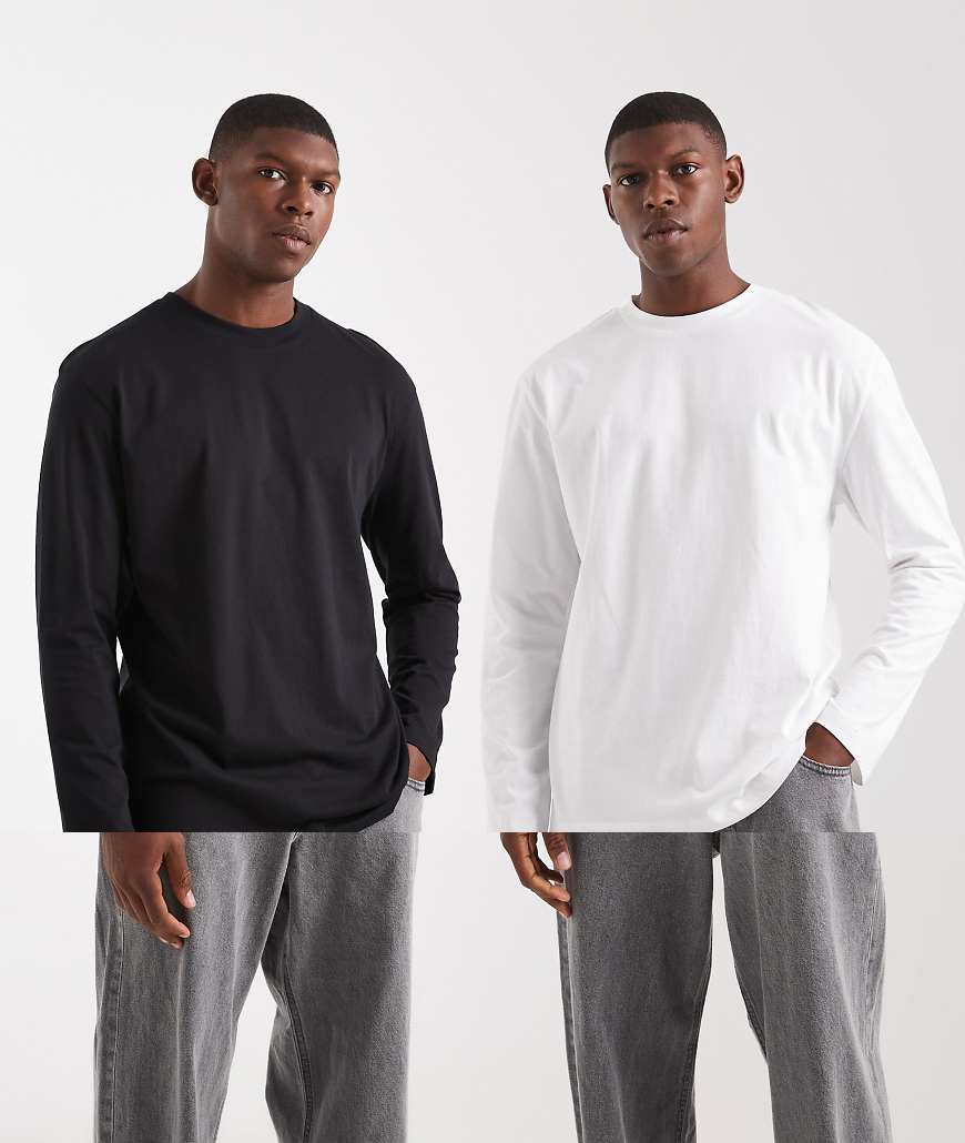 ASOS DESIGN - 2er-Pack locker geschnittene, langärmlige Basic-T-Shirts in Schwarz und Weiß-Bunt von ASOS DESIGN