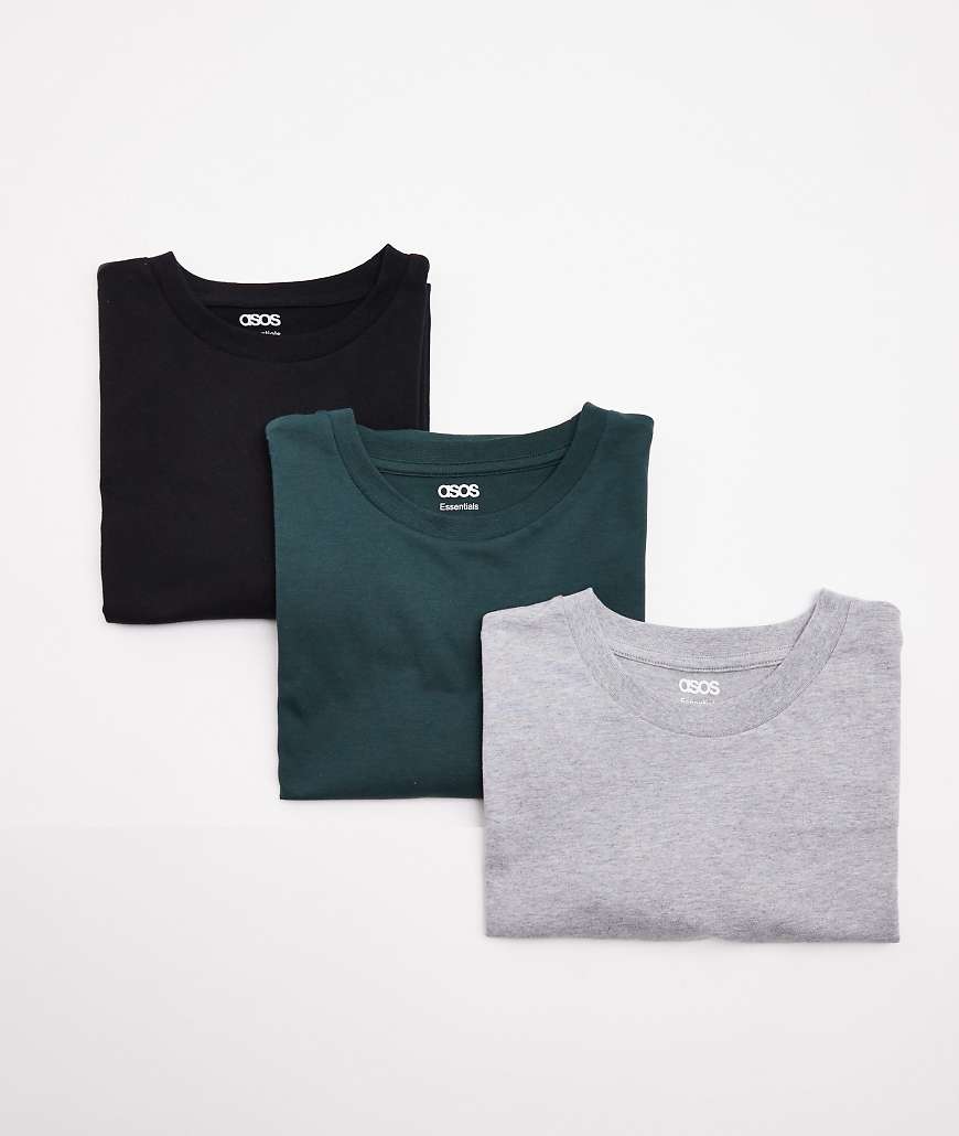 ASOS DESIGN - 3er-Pack Basic-T-Shirts in Schwarz, Grün und Grau mit Rundhalsausschnitt-Bunt von ASOS DESIGN