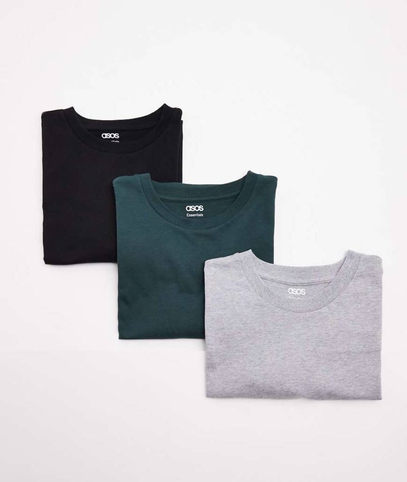 ASOS DESIGN - 3er-Pack Basic-T-Shirts in Schwarz, Grün und Grau mit Rundhalsausschnitt-Bunt von ASOS DESIGN