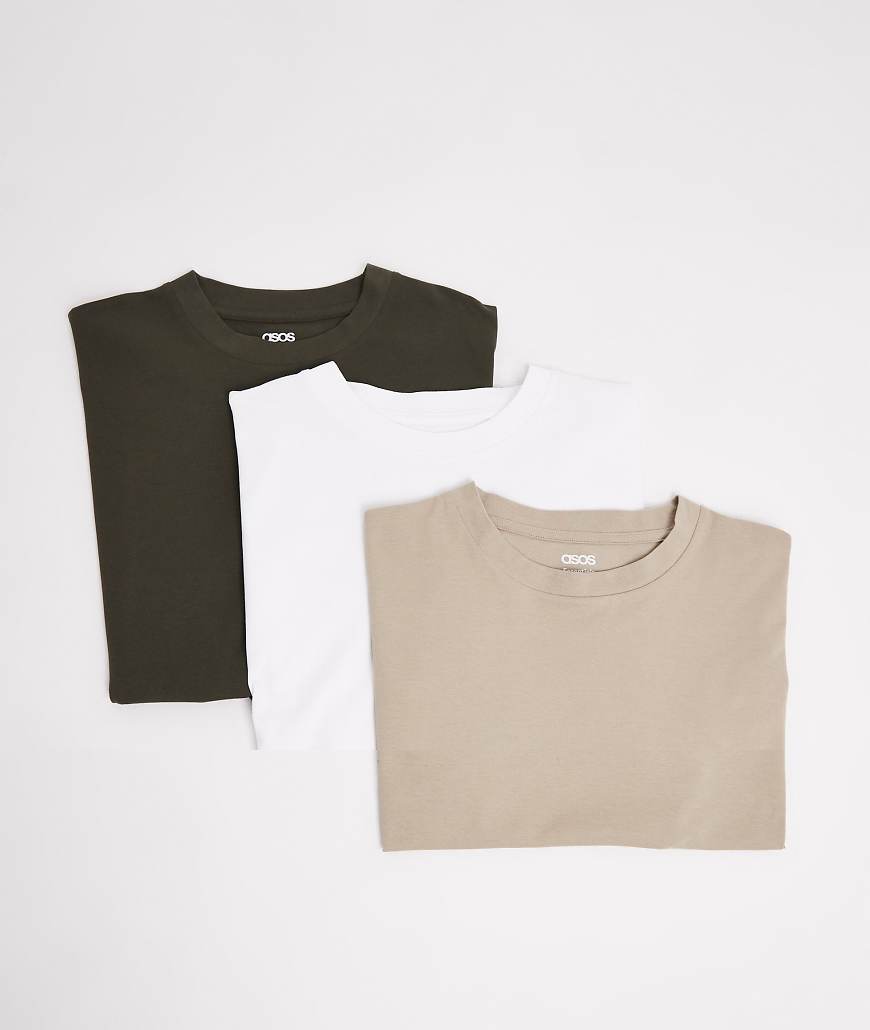 ASOS DESIGN - 3er-Pack Basic-T-Shirts in Weiß, Beige und Khaki mit Oversize-Passform-Bunt von ASOS DESIGN