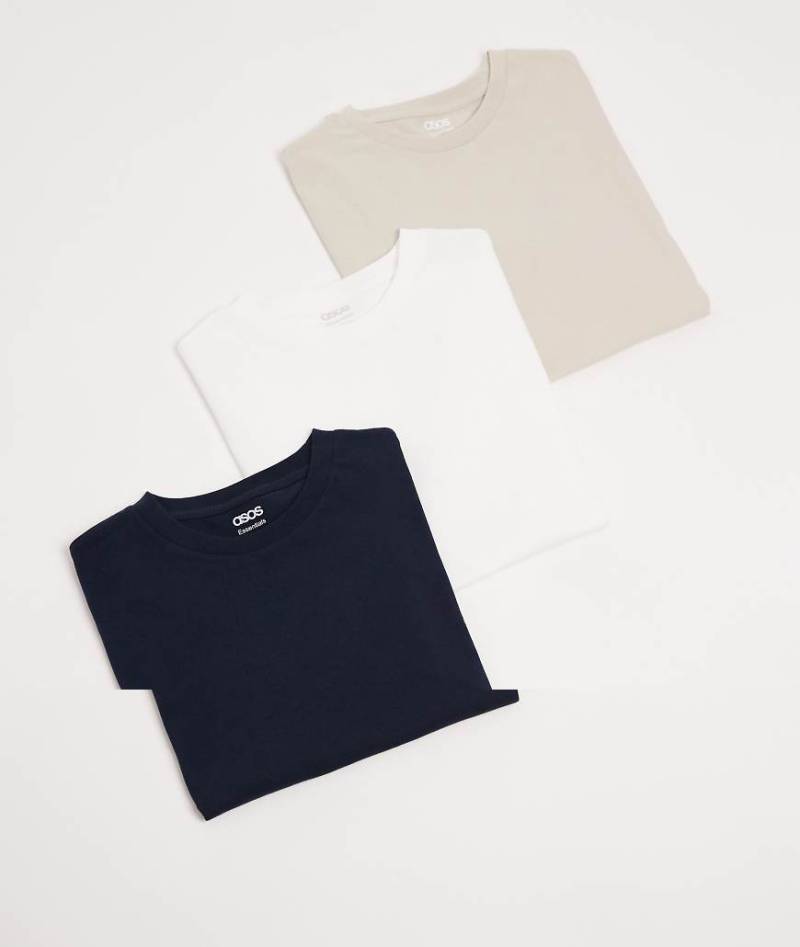 ASOS DESIGN - 3er-Pack Basic-T-Shirts in Weiß, Marineblau und Beige-Bunt von ASOS DESIGN