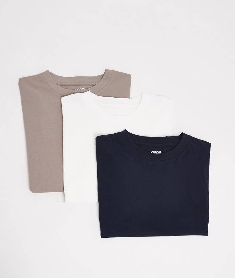 ASOS DESIGN - 3er-Pack Basic-T-Shirts mit Oversize-Schnitt in Cremeweiß, Steinbeige und Marineblau-Bunt von ASOS DESIGN