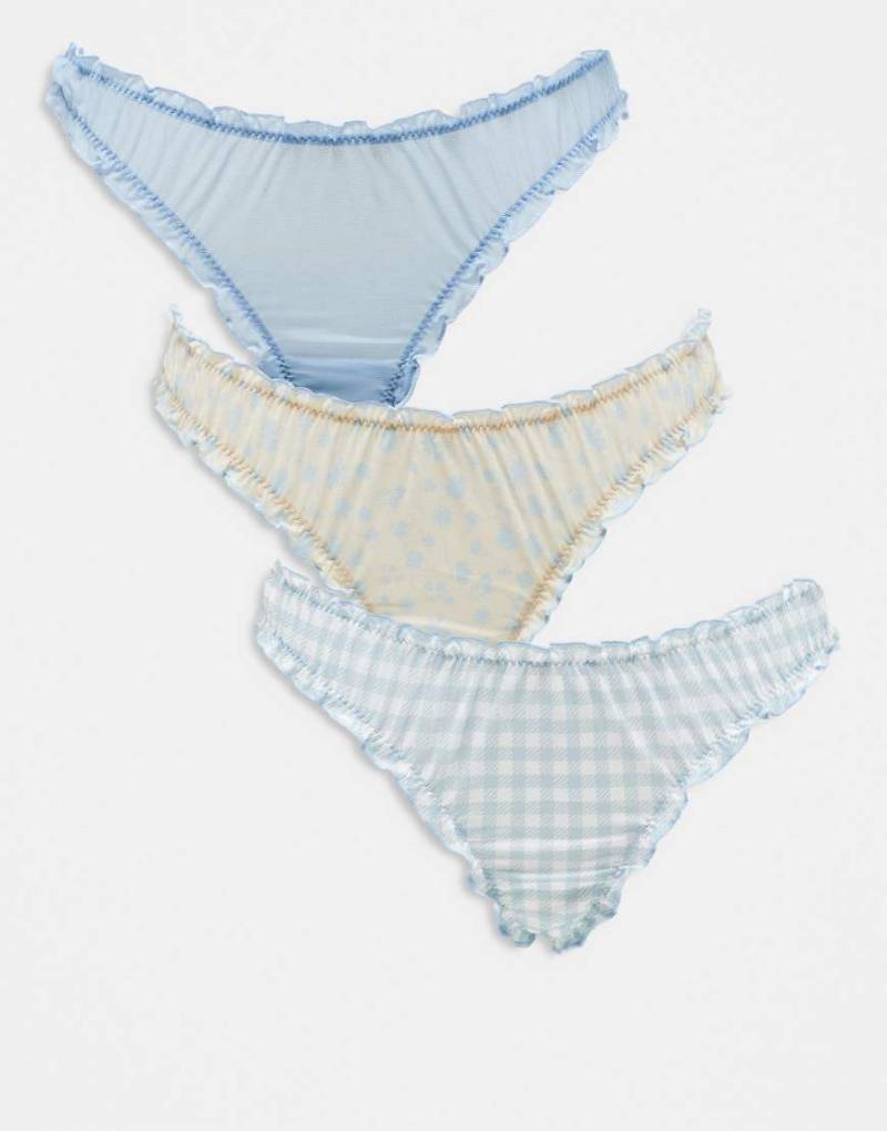ASOS DESIGN - 3er-Pack Netzstoff-String im Scrunchie-Look in Gelb mit Blümchenprint und Blau mit Vichy-Karos-Bunt von ASOS DESIGN