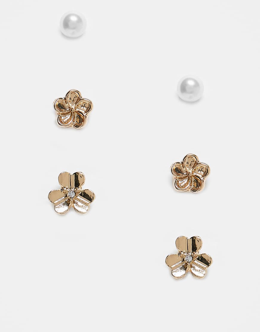 ASOS DESIGN - 3er-Pack Ohrstecker mit Perlen- und Blumendesigns in Gold-Optik-Goldfarben ASOS DESIGN - 3er-Pack Ohrstecker mit Perlen- und Blumendesigns in Gold-Optik-Goldfarben von ASOS DESIGN