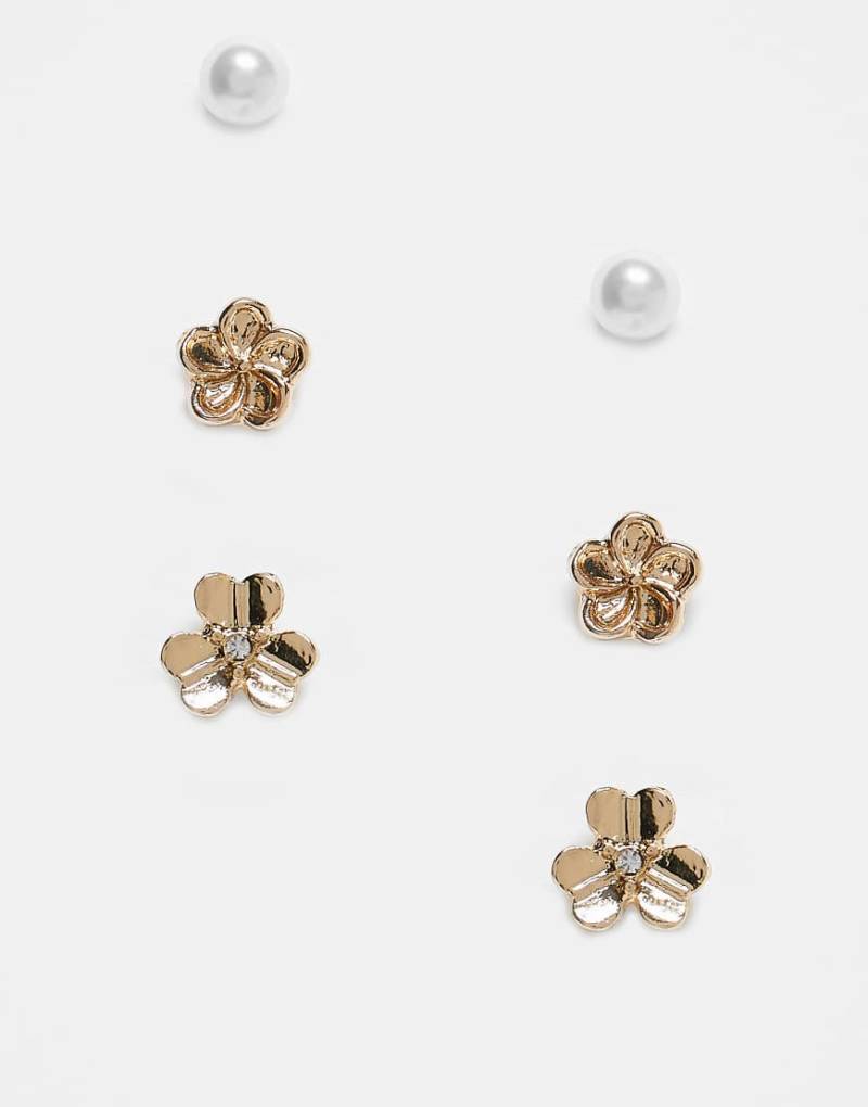 ASOS DESIGN - 3er-Pack Ohrstecker mit Perlen- und Blumendesigns in Gold-Optik-Goldfarben von ASOS DESIGN