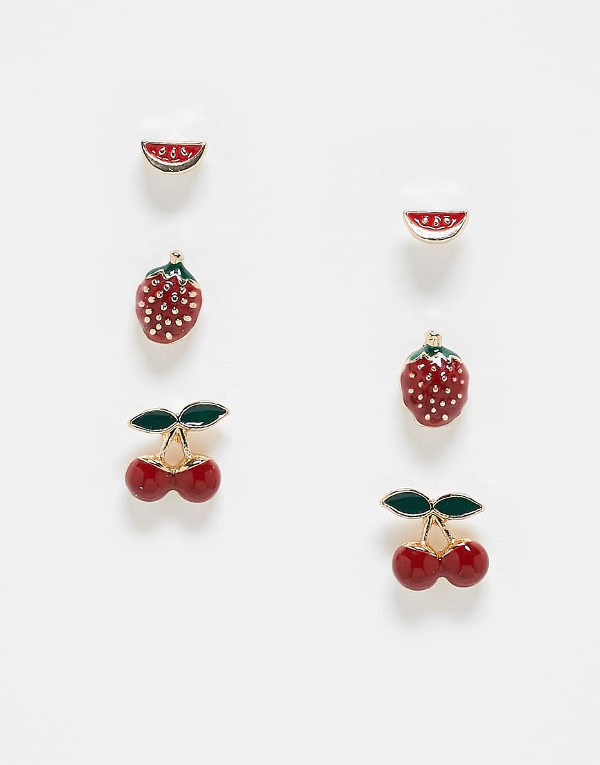 ASOS DESIGN - 3er-Pack Ohrstecker mit emaillierten, mehrfarbigen Frucht-Designs-Bunt von ASOS DESIGN