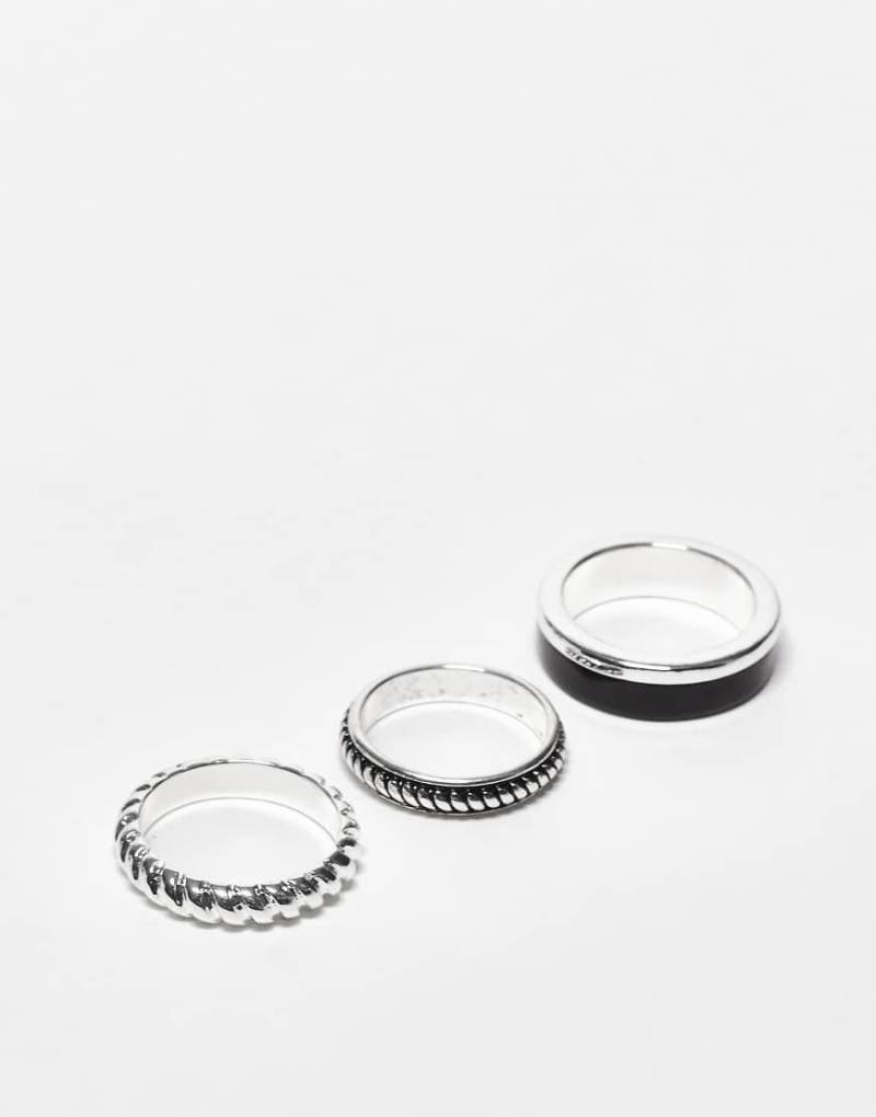 ASOS DESIGN - 3er-Pack Ringe in Silberoptik mit schwarzem Emaille- und Struktur-Detail von ASOS DESIGN
