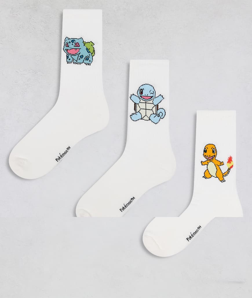 ASOS DESIGN - 3er-Pack Socken in Ecru mit Pokémon-Charakteren-Weiß von ASOS DESIGN
