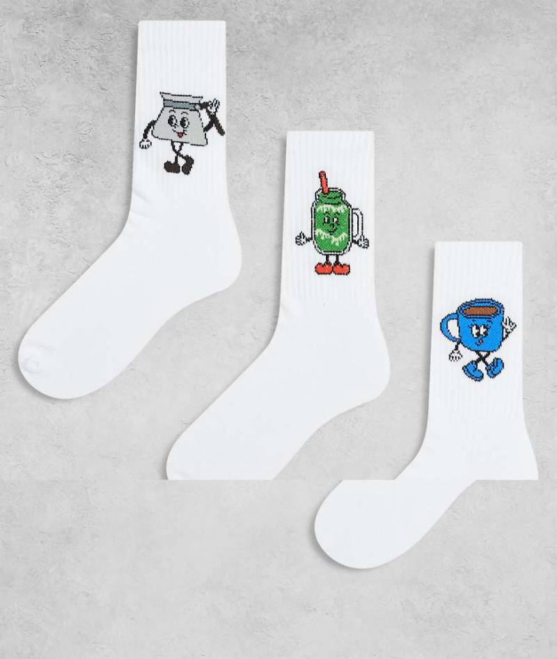 ASOS DESIGN - 3er-Pack Socken in Weiß mit Grafiken mit Matcha-Figuren von ASOS DESIGN