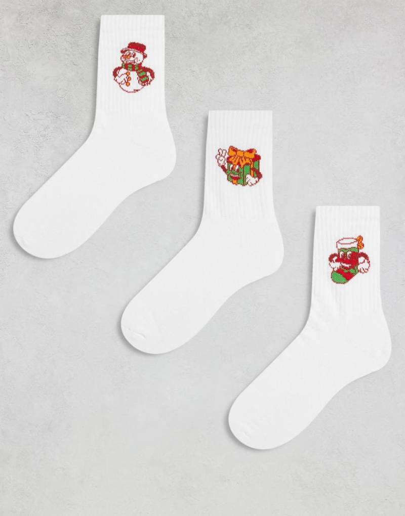 ASOS DESIGN - 3er-Pack Socken mit mehrfarbigen, weihnachtlichen Deko-Motiven-Weiß von ASOS DESIGN