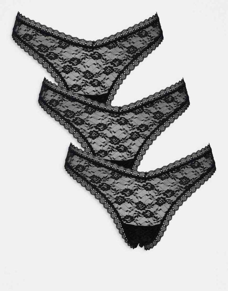ASOS DESIGN - 3er-Pack Spitzen-Tangas in Schwarz von ASOS DESIGN