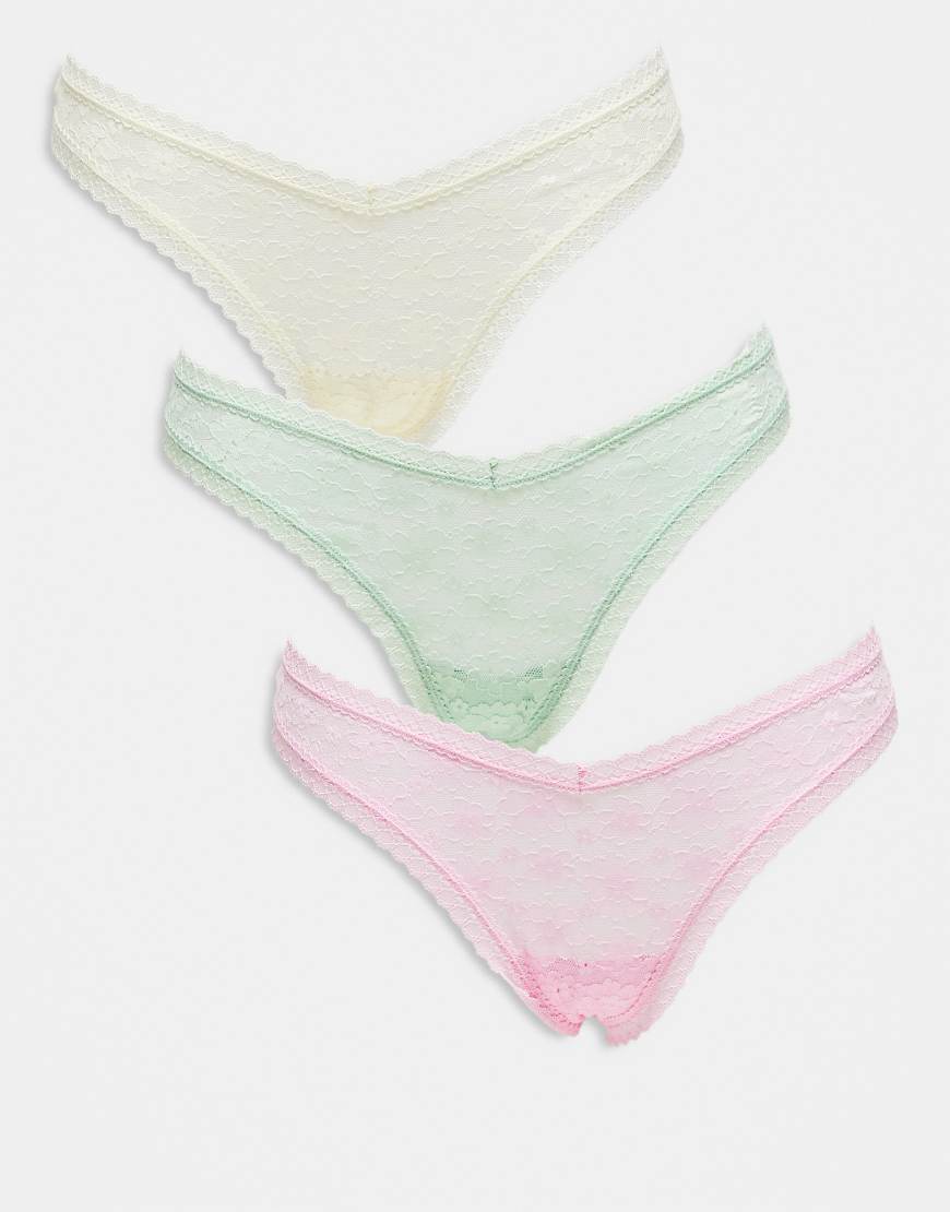 ASOS DESIGN - 3er-Pack Tangas aus Spitze in Pastellfarben mit V-förmigem Bund-Bunt ASOS DESIGN - 3er-Pack Tangas aus Spitze in Pastellfarben mit V-förmigem Bund-Bunt von ASOS DESIGN