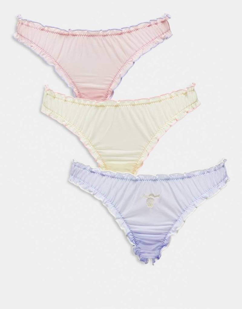 ASOS DESIGN - 3er-Pack Tangas in Gelb, Blau und Rosa mit aufgesticktem Muschelmotiv und gerafftem Design-Bunt von ASOS DESIGN